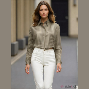 NWT 90s A+ ELLEN SILK GRAY & WHITE STRIPED BLOUSE W FOLDED CUFFS LUXURY SZ 14